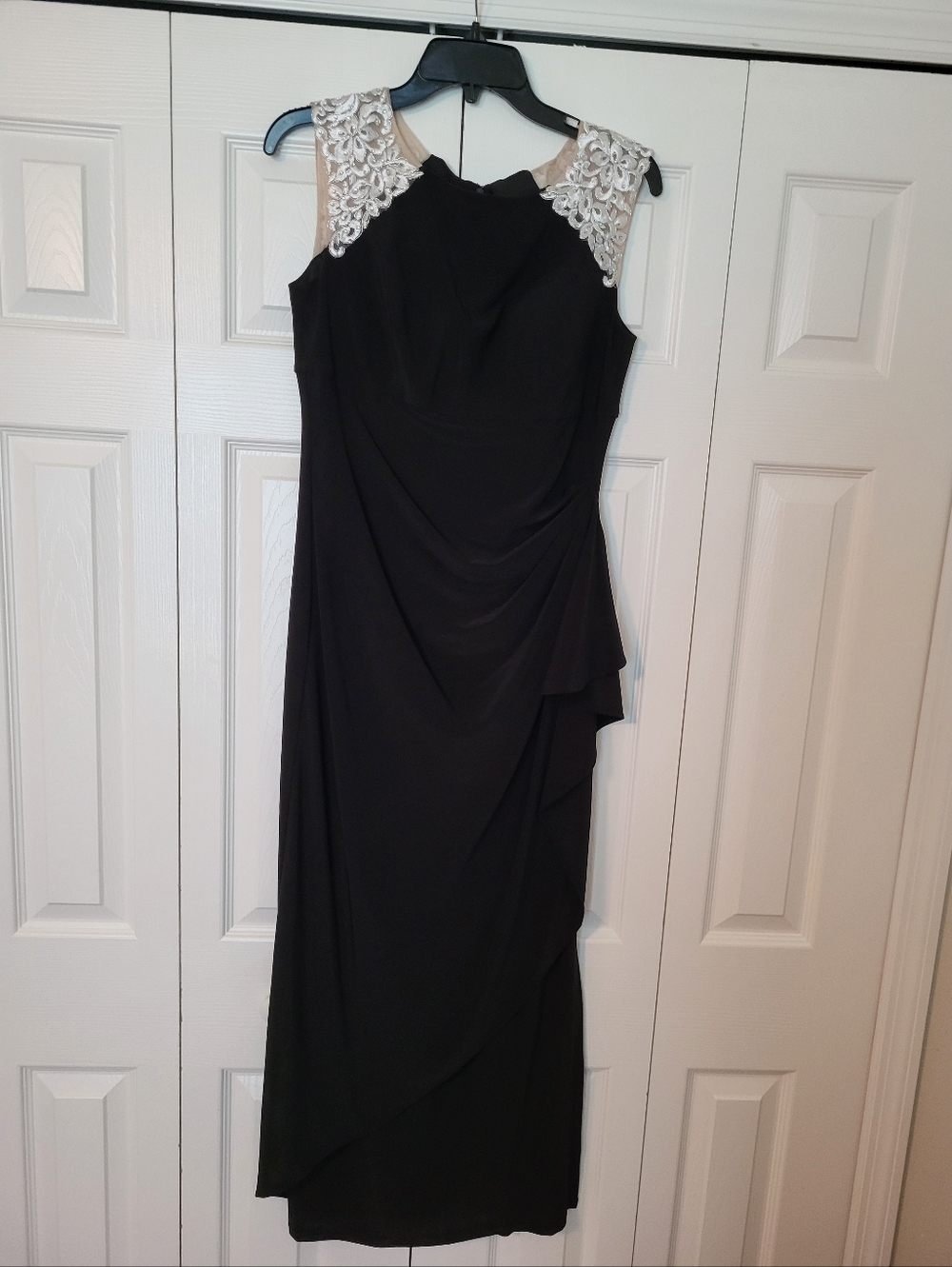 Alex Evenings Black Maxi Dress with White Lace Shoulders